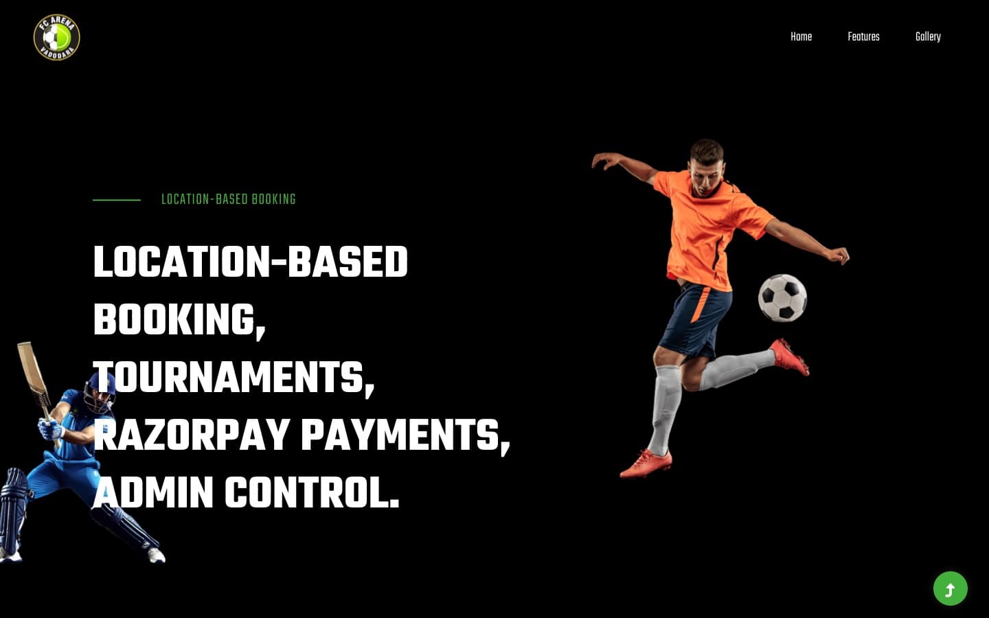 FC Arena website homepage: location-based booking, tournaments, Razorpay payments and admin control
