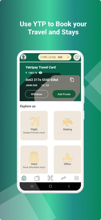 YatriPay wallet home with travel card, flight and hotel booking