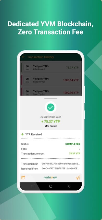 YatriPay transaction details for a completed YTP transfer